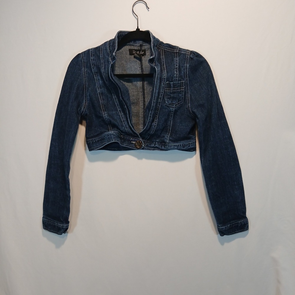 Whats Hot sz S crop denim jacket chic urban flower hippie retro y2k city club